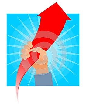 Hand holds growing red arrow graph. Business progress flat concept.