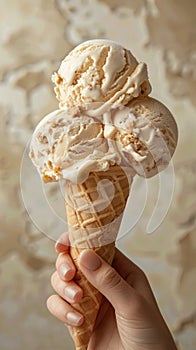 A hand holds an ice cream cone with three scoops of different flavors against a plain background