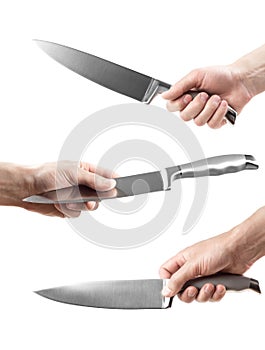 The hand holds a knife. In different poses. On a white background