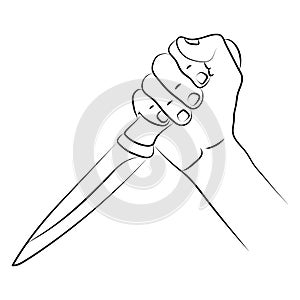 Hand holds knife on white background. Hand holds large knife in an aggressive attack gesture. Assault, committing crime