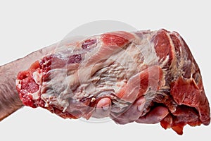 A hand holds a large piece of raw pork, isolated on a white background