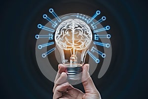 Hand holds light bulb with brain inside, surrounded by blue connections meant to symbolize innovation