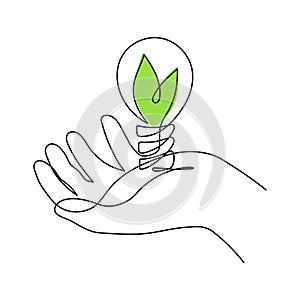 Hand holds light bulb with leafs,one line art,hand drawn continuous contour.Green energy idea concept.Sign of environmental