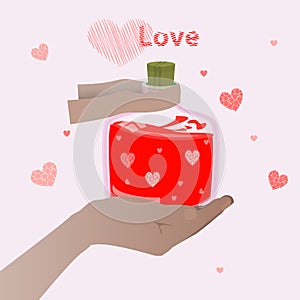 Hand holds a love potion. Valentine s Day