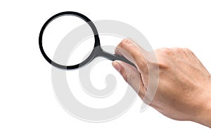 Hand holds a magnifying glass with clipping paths