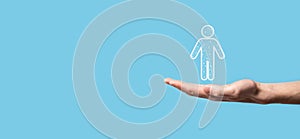 Hand holds man person icon on dark tone background.HR Human ,people iconTechnology Process System Business with Recruitment,