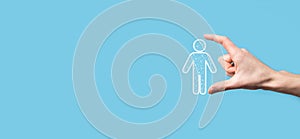 Hand holds man person icon on dark tone background.HR Human ,people iconTechnology Process System Business with Recruitment,