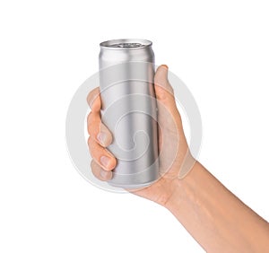 Hand holds metal beverage drink can isolated on white photo