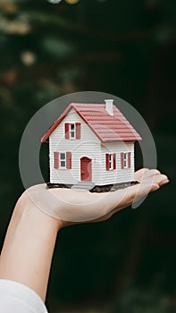 Hand holds miniature house, dreams of home ownership, in grasp photo