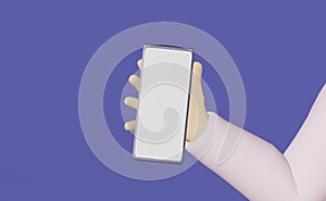 Hand holds mobile phone purple background 3d rendering. Smartphone screen mockup Blank gadget display advertising design