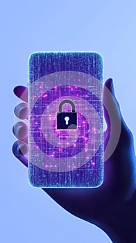 Hand holds mobile phone with tech security lock. Mobile data protection tech image. Advanced security system for mobile tech.
