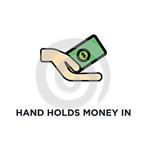 hand holds money in cash, payment or transaction icon. salary, financial and life style design, concept symbol design, donation,