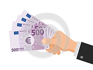 Hand holds money Euro 500 banknotes. Business concept. Isolated on white background. Flat Style. Vector illustration.