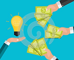 Hand holds money and light bulb. Investing in innovation concept. Modern flat design graphics. Vector illustration