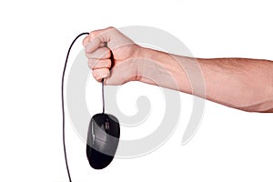 Hand holds mouse over wire on white background