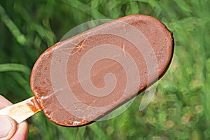 a hand holds one brown chocolate ice cream