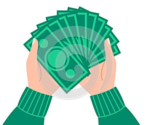 Hand holds paper cash. Money or rich man. Payment, transaction, tax, income concept. Business vector illustration photo