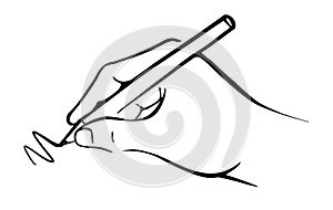 Hand holds pencil and writes. Vector