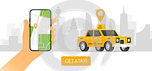 The hand holds a phone with an application for ordering a taxi. Order a taxi. Gps tracking. Vector illustration.