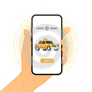 The hand holds a phone with an application for ordering a taxi. Order a taxi. Vector illustration.