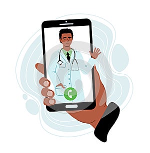 Hand holds a phone with a with a doctorÃ¢â¬â¢s contact. Online consultation doctor concept. Medical diagnostics over the Internet. photo
