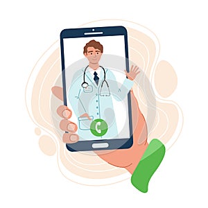 Hand holds a phone with a doctorÃ¢â¬â¢s contact. Online consultation doctor concept. Safety home and quarantine concept. photo