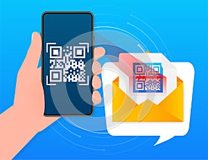 Hand holds phone with scan qr code to pay on screen. Phone on blue background. Vector illustration