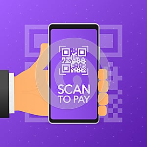 Hand holds phone with scan qr code to pay on screen. Phone on violet background. Vector illustration.