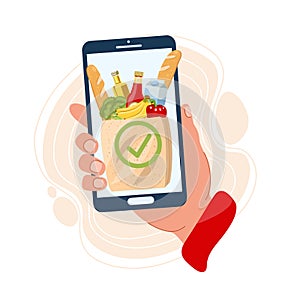 Hand holds a phone with a successful order of food. Concept for online ordering of products. Safety home and quarantine concept.