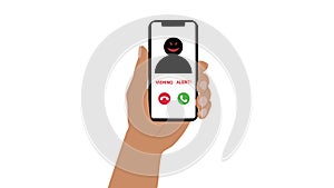 The hand holds the phone to which the call from the scammer arrives. The concept of online crime. Incoming calls, phone