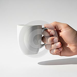 A hand holds a plain white ceramic mug against a light gray background