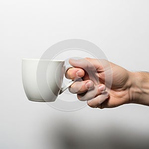 A hand holds a plain white ceramic mug against a light gray background