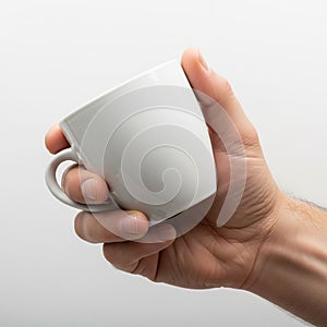 A hand holds a plain white ceramic mug against a neutral background