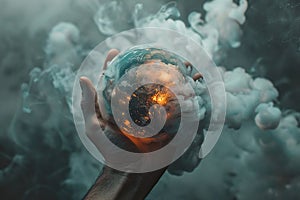 A hand holds the planet earth, shrouded in fire, on a dark background. Global catastrophe concept. Generated by