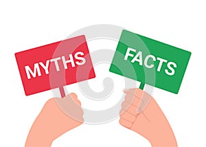 Hand holds plate sign with inscription word myth and fact. Truth or lie choice. Think and choice right. Vector