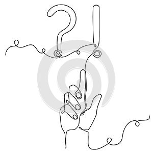 Hand holds question and exclamation mark one line art,hand drawn asking and admiration signs,continuous contour.Minimalistic art