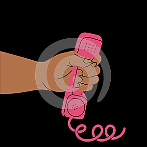The hand holds the receiver of an old retro pink telephone. Vector illustration in flat style