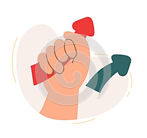 The hand holds the red arrow. The concept of a business idea, startup, organization, brainstorming. Vector illustration