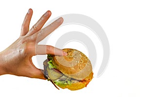 Hand holds a sandwich with meat, cheese, tomatoes, onions, cucumbers and salad on a white background