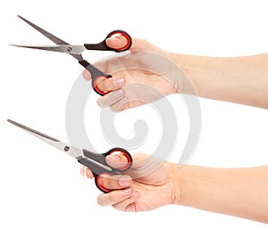 Hand holds scissors isolated on white background