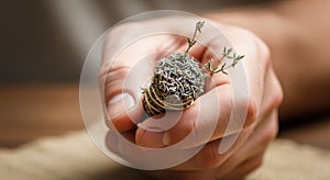 A hand holds a small bundle