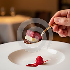 hand holding a small gold spoon with a perfect bite of raspberry cakedessert lifted above an elegant white plate