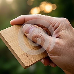 A hand holds a small, rectangular