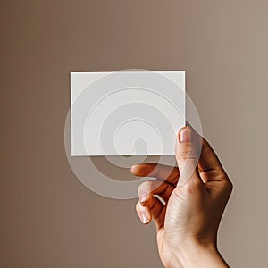 The hand holds a small white sticker. Mock-up for labels, advertising, marketing