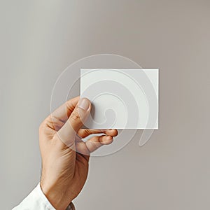 The hand holds a small white sticker. Mock-up for labels, advertising, marketing