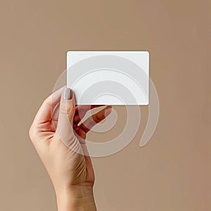 The hand holds a small white sticker. Mock-up for labels, advertising, marketing