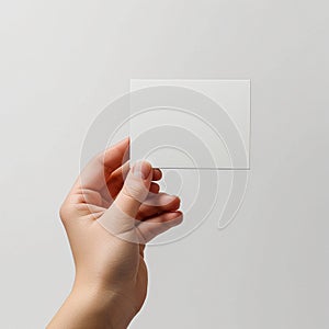 The hand holds a small white sticker. Mock-up for labels, advertising, marketing