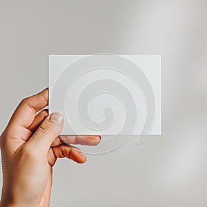 The hand holds a small white sticker. Mock-up for labels, advertising, marketing