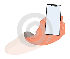 Hand holds smart phone with blank screen