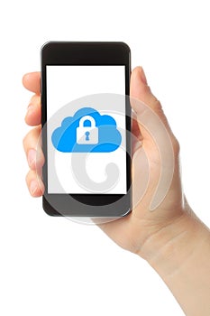 Hand holds smart phone with cloud security concept